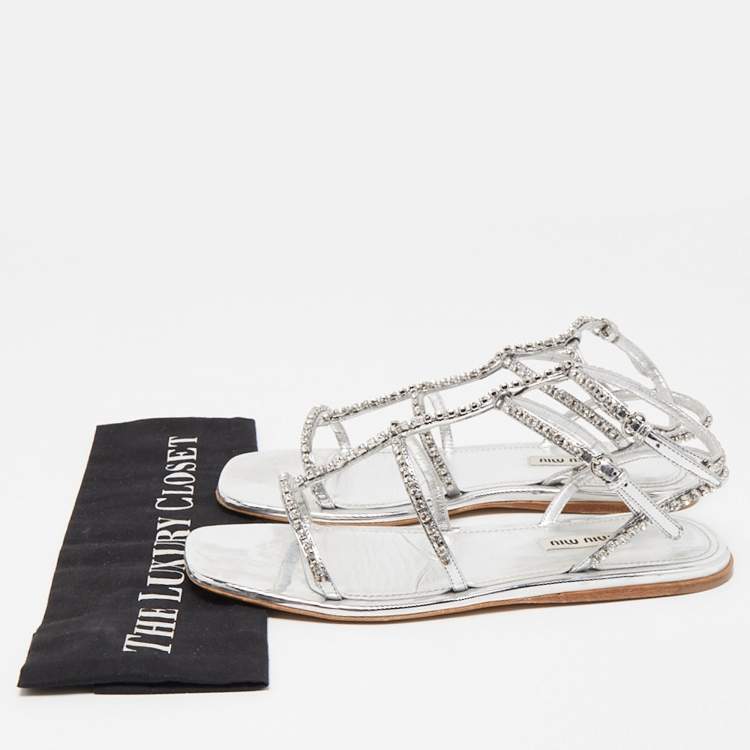 Pre Owned Miu Miu Silver Leather Crystal Embellished Flat Sandals Size 38.5