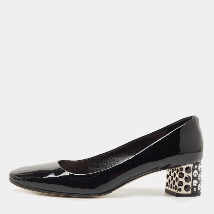 Pre Owned Miu Miu Black Patent Leather Crystal Embellished Heel Pumps Size 37