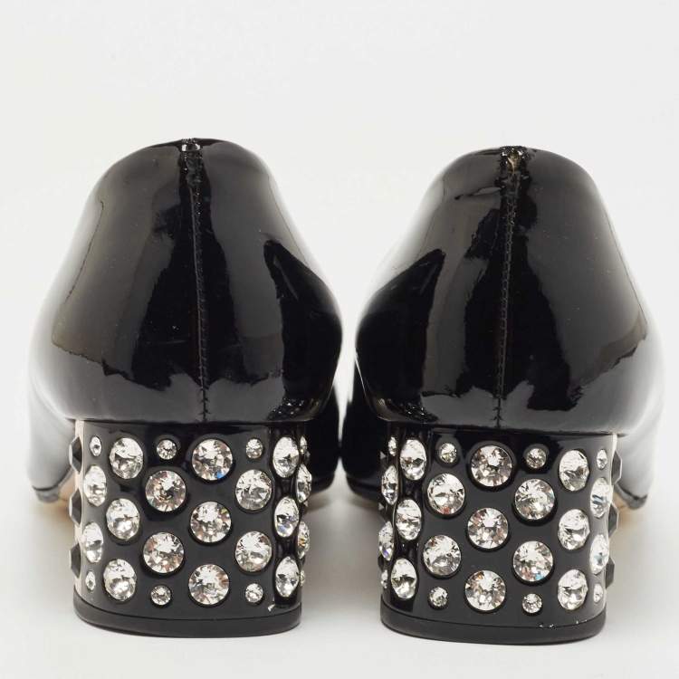 Pre Owned Miu Miu Black Patent Leather Crystal Embellished Heel Pumps Size 37