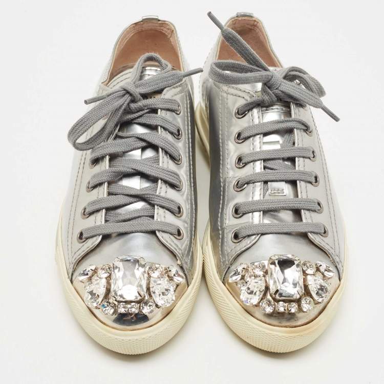 Pre Owned Miu Miu Silver Patent Crystal Embellished Cap Toe Sneakers Size 35.5