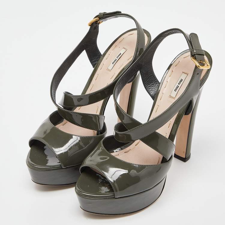 Pre Owned Miu Miu Olive Green Patent Leather Platform Ankle Cross Strap Sandals Size 39