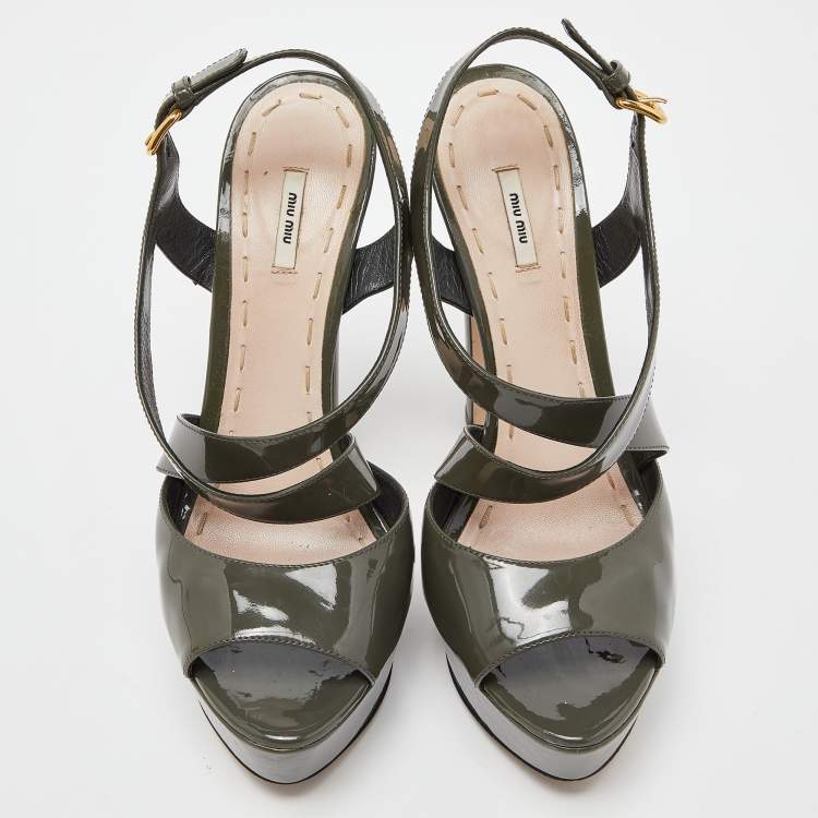 Pre Owned Miu Miu Olive Green Patent Leather Platform Ankle Cross Strap Sandals Size 39