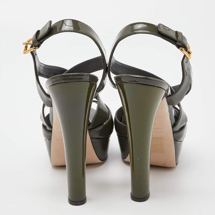 Pre Owned Miu Miu Olive Green Patent Leather Platform Ankle Cross Strap Sandals Size 39