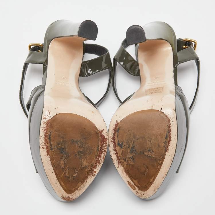 Pre Owned Miu Miu Olive Green Patent Leather Platform Ankle Cross Strap Sandals Size 39