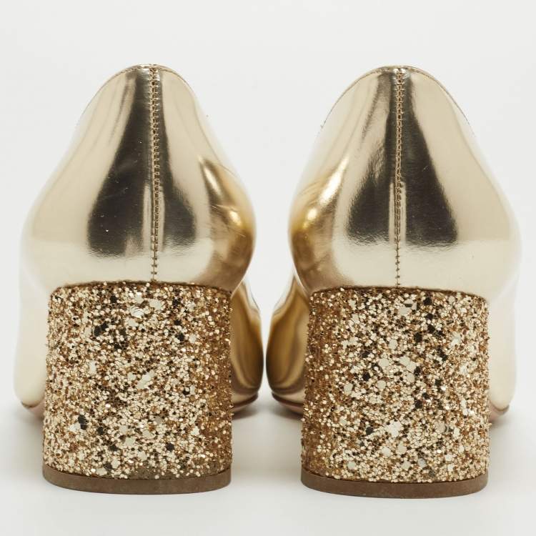 Pre Owned Miu Miu Dull Gold Leather Glitter Heel Round-Toe Pumps Size 37