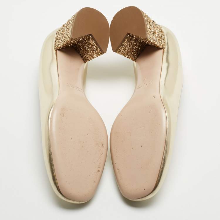 Pre Owned Miu Miu Dull Gold Leather Glitter Heel Round-Toe Pumps Size 37