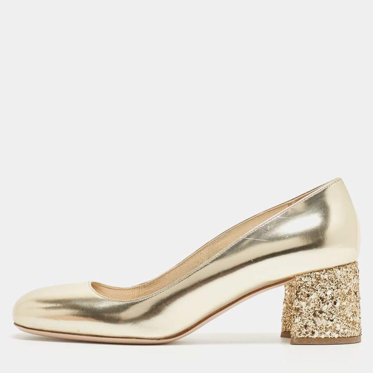 Pre Owned Miu Miu Dull Gold Leather Glitter Heel Round-Toe Pumps Size 37