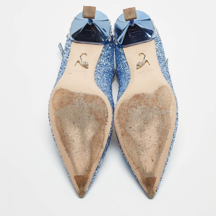 Pre Owned Miu Miu Blue Glitter Crystal Embellished Ankle Strap Pointed Toe Pumps Size 38