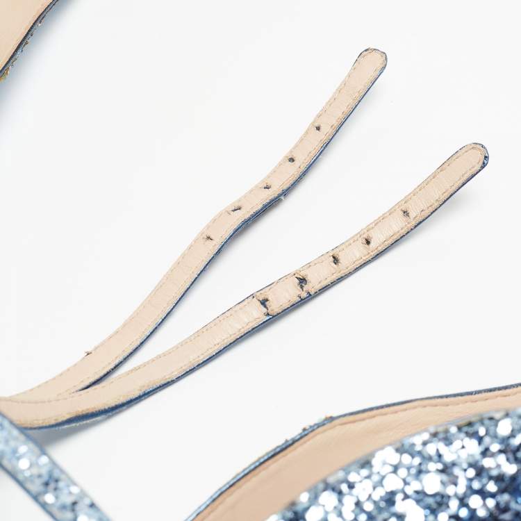 Pre Owned Miu Miu Blue Glitter Crystal Embellished Ankle Strap Pointed Toe Pumps Size 38