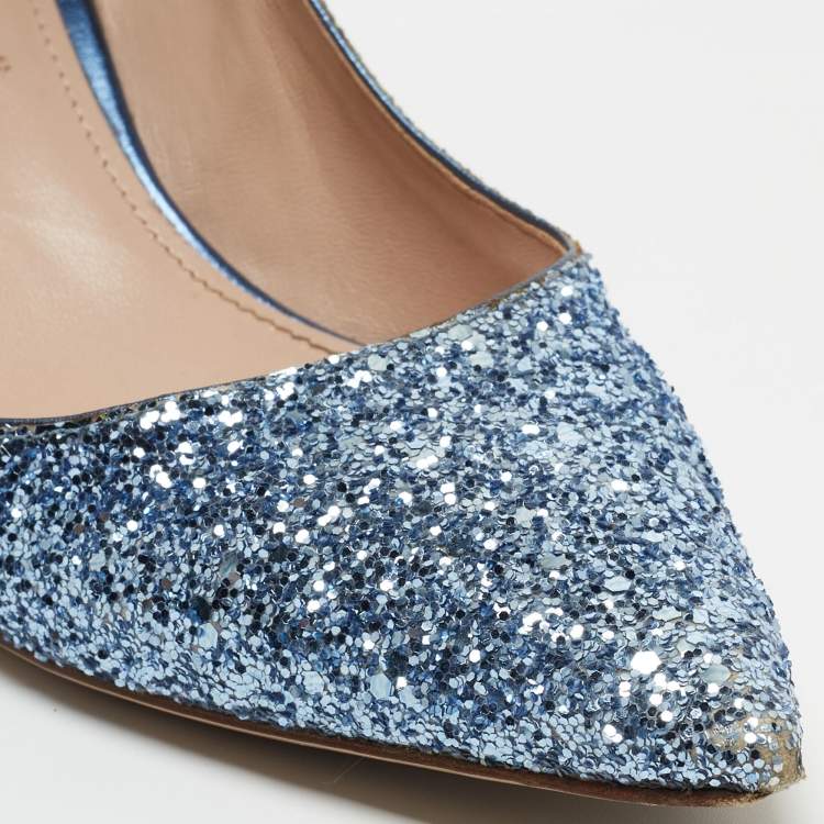 Pre Owned Miu Miu Blue Glitter Crystal Embellished Ankle Strap Pointed Toe Pumps Size 38