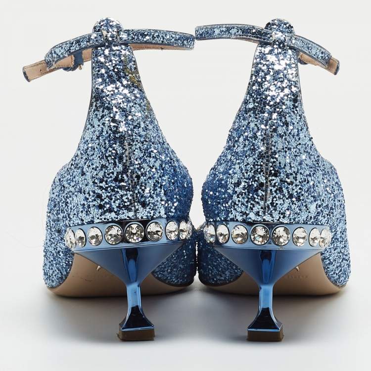 Pre Owned Miu Miu Blue Glitter Crystal Embellished Ankle Strap Pointed Toe Pumps Size 38