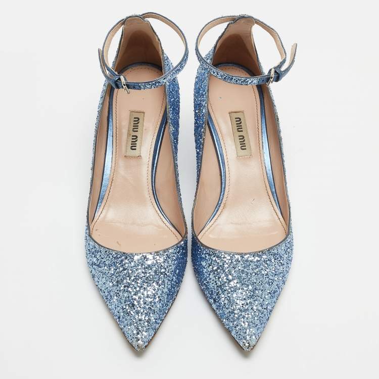 Pre Owned Miu Miu Blue Glitter Crystal Embellished Ankle Strap Pointed Toe Pumps Size 38