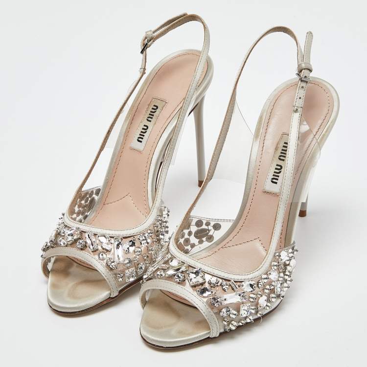 Pre Owned Miu Miu Silver Satin and PVC Crystal Embellished Slingback Pumps Size 36