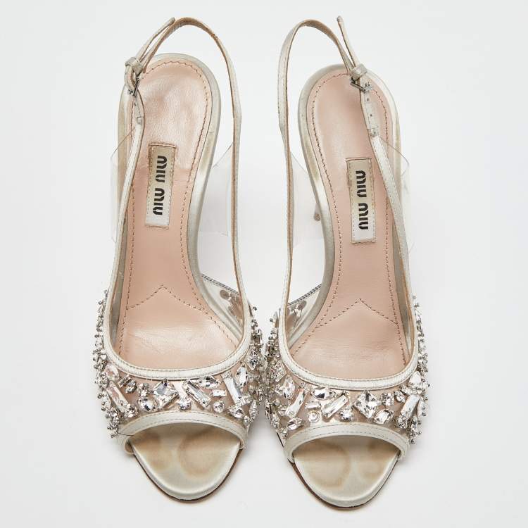 Pre Owned Miu Miu Silver Satin and PVC Crystal Embellished Slingback Pumps Size 36