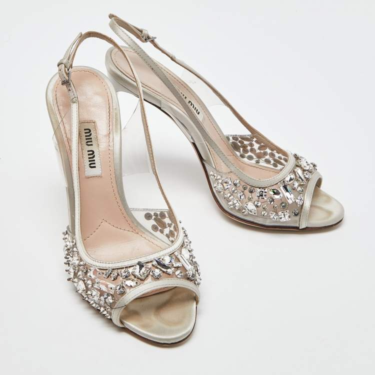 Pre Owned Miu Miu Silver Satin and PVC Crystal Embellished Slingback Pumps Size 36