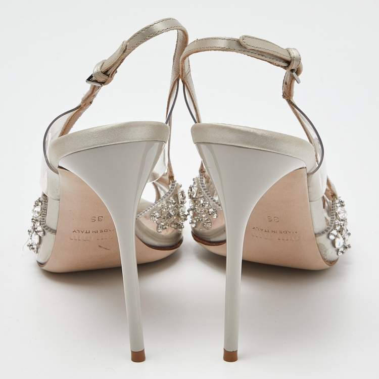 Pre Owned Miu Miu Silver Satin and PVC Crystal Embellished Slingback Pumps Size 36