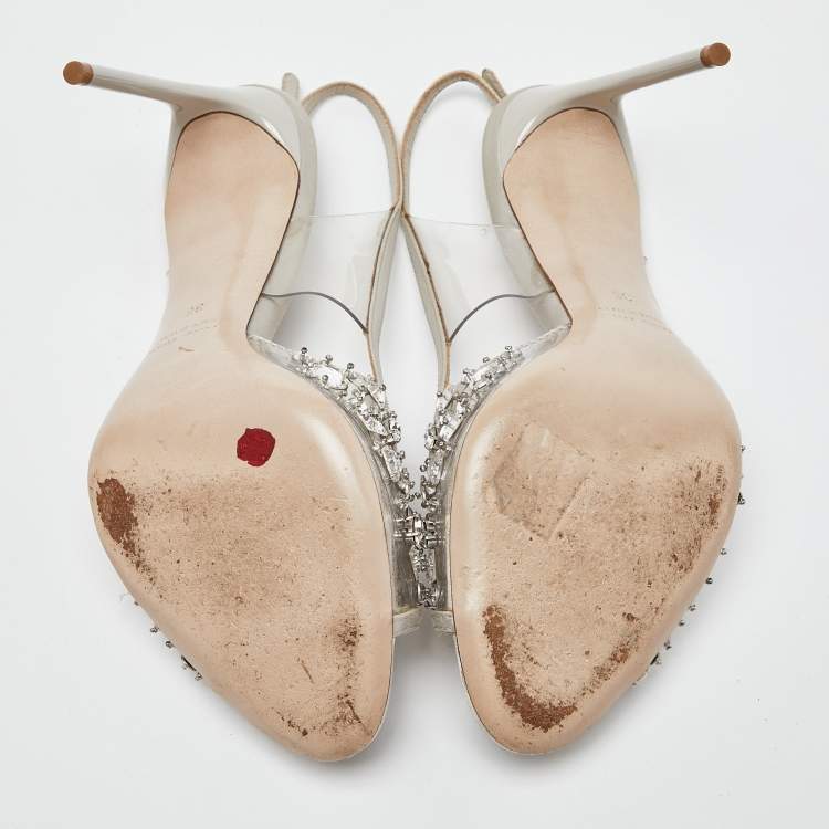 Pre Owned Miu Miu Silver Satin and PVC Crystal Embellished Slingback Pumps Size 36