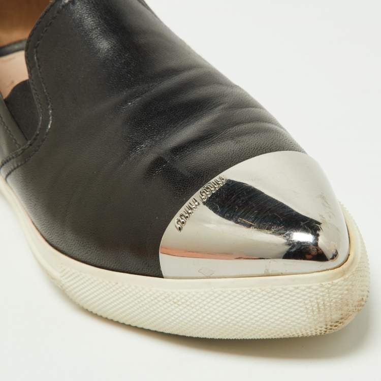 Pre Owned Miu Miu Black Leather Metal Cap Toe Slip On Sneakers Size 39.5