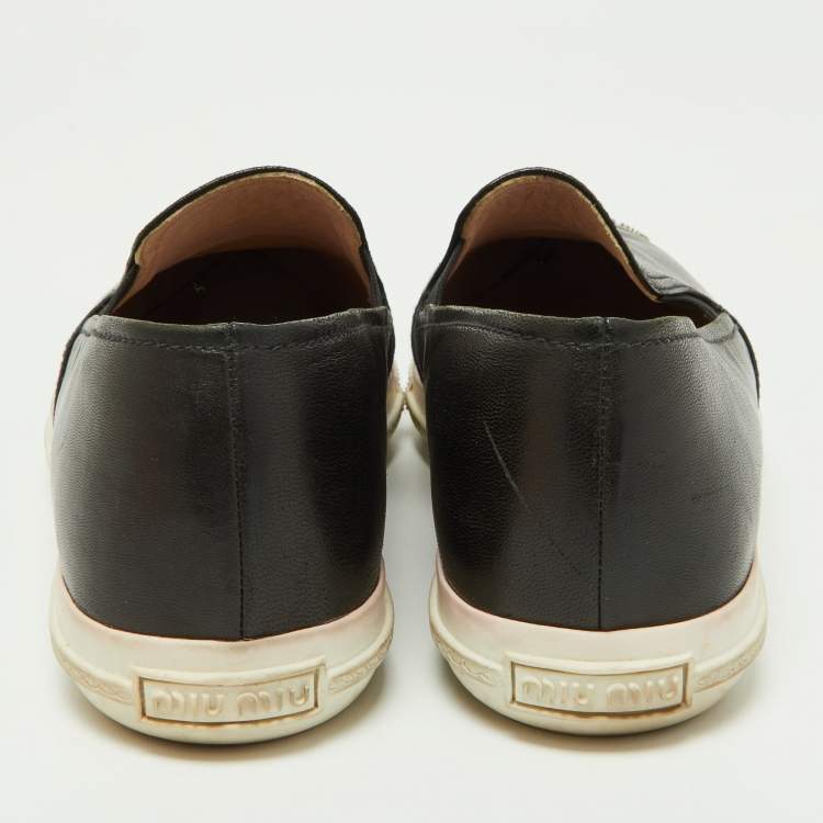 Pre Owned Miu Miu Black Leather Metal Cap Toe Slip On Sneakers Size 39.5