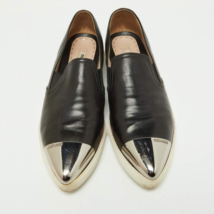 Pre Owned Miu Miu Black Leather Metal Cap Toe Slip On Sneakers Size 39.5