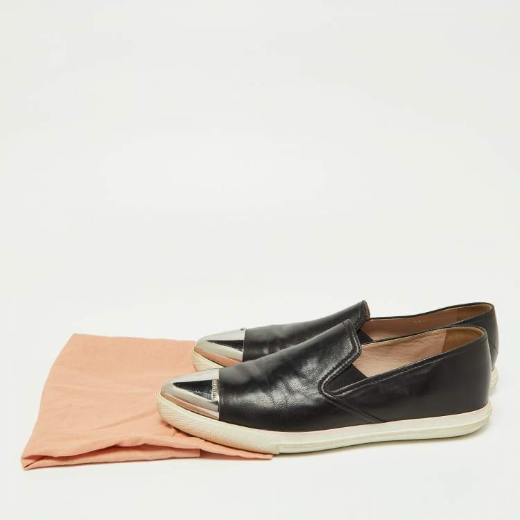Pre Owned Miu Miu Black Leather Metal Cap Toe Slip On Sneakers Size 39.5