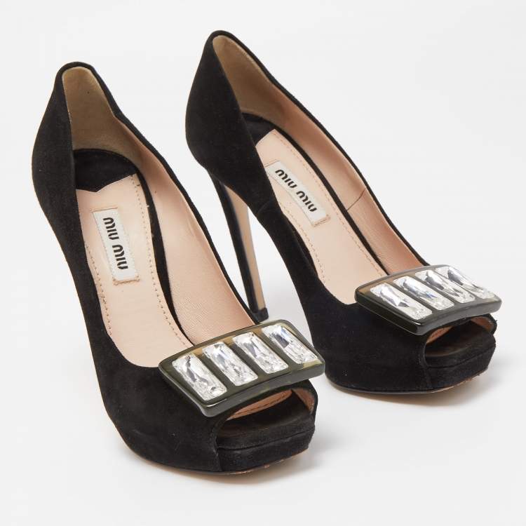 Pre Owned Miu Miu Black Suede Crystal Embellished Peep Toe Pumps Size 35.5