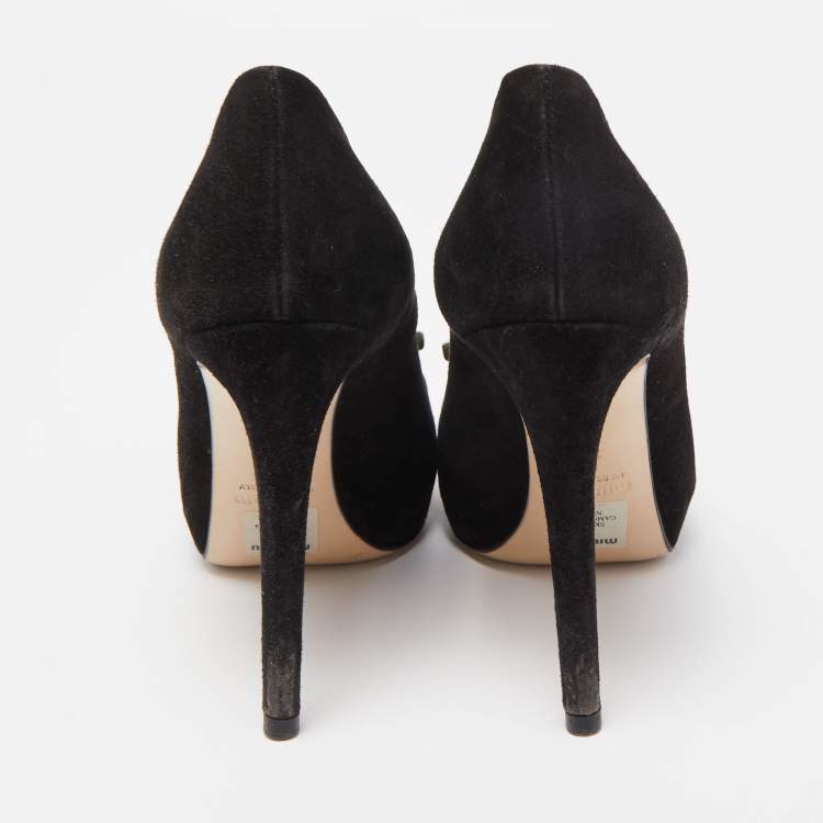 Pre Owned Miu Miu Black Suede Crystal Embellished Peep Toe Pumps Size 35.5
