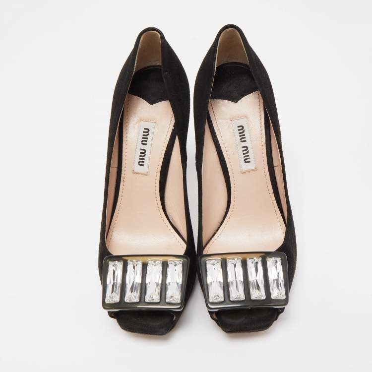 Pre Owned Miu Miu Black Suede Crystal Embellished Peep Toe Pumps Size 35.5