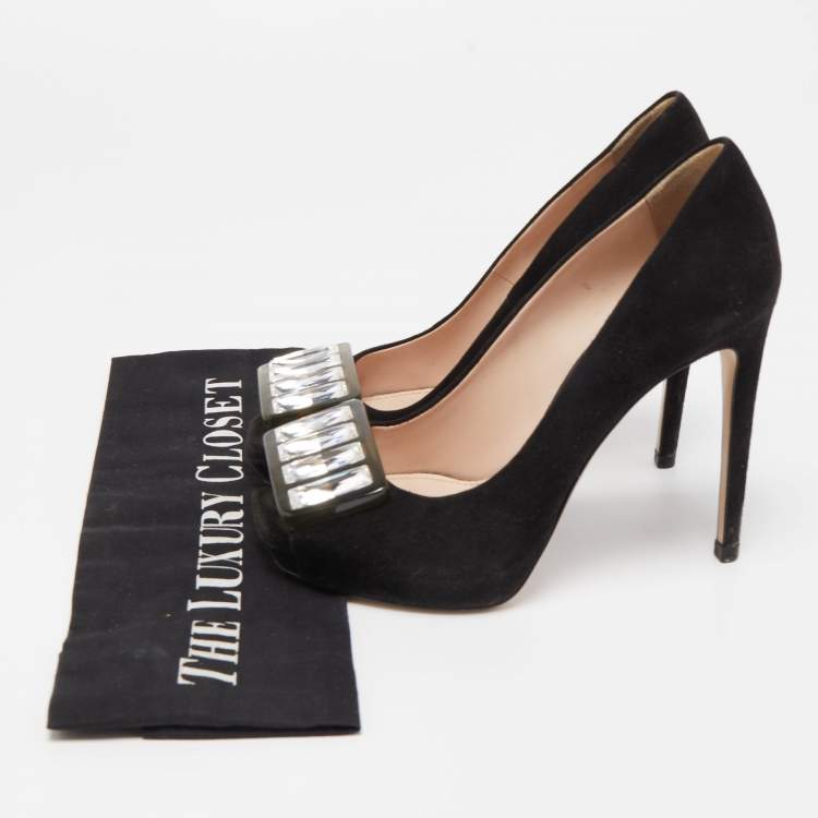 Pre Owned Miu Miu Black Suede Crystal Embellished Peep Toe Pumps Size 35.5