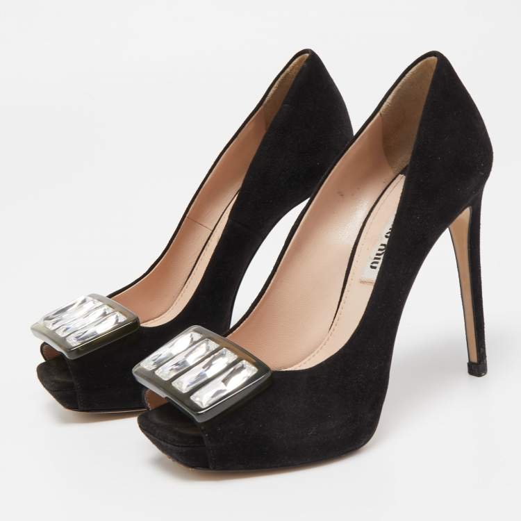 Pre Owned Miu Miu Black Suede Crystal Embellished Peep Toe Pumps Size 35.5
