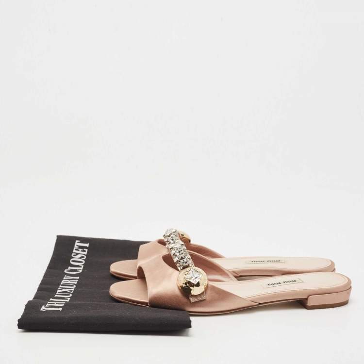 Pre Owned Miu Miu Beige Satin Crystal Embellished Slide Flats Size 36