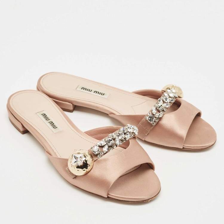 Pre Owned Miu Miu Beige Satin Crystal Embellished Slide Flats Size 36