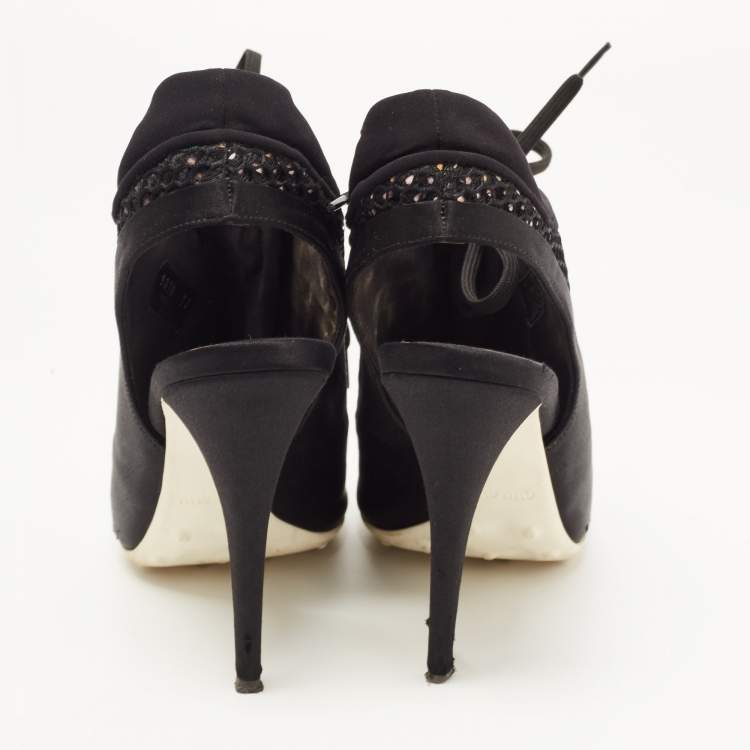 Pre Owned Miu Miu Black Satin and Mesh Open Toe Lace Up Slingback Booties Size 37