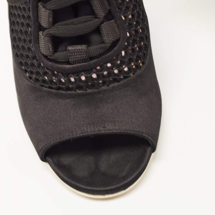 Pre Owned Miu Miu Black Satin and Mesh Open Toe Lace Up Slingback Booties Size 37