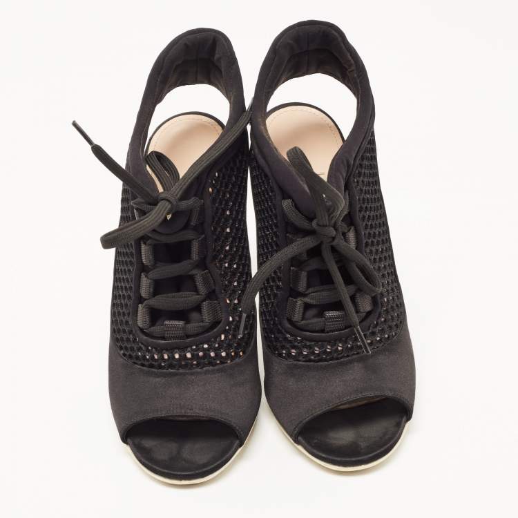 Pre Owned Miu Miu Black Satin and Mesh Open Toe Lace Up Slingback Booties Size 37
