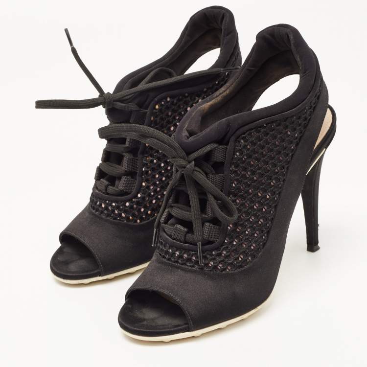 Pre Owned Miu Miu Black Satin and Mesh Open Toe Lace Up Slingback Booties Size 37