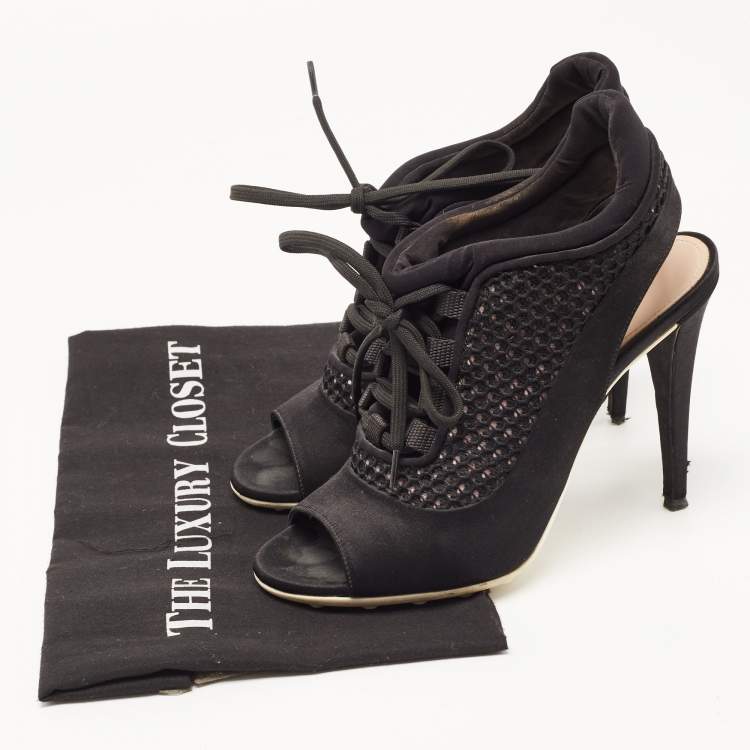 Pre Owned Miu Miu Black Satin and Mesh Open Toe Lace Up Slingback Booties Size 37