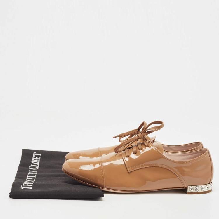 Pre Owned Miu Miu Beige Patent Leather Crystal Embellished Lace Derby Size 38