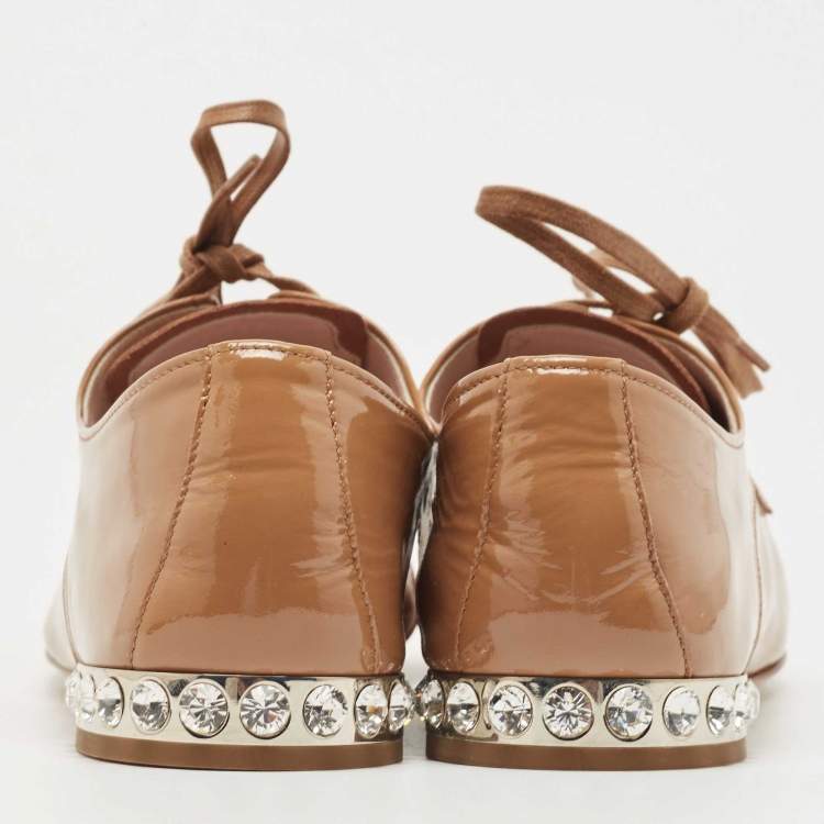 Pre Owned Miu Miu Beige Patent Leather Crystal Embellished Lace Derby Size 38
