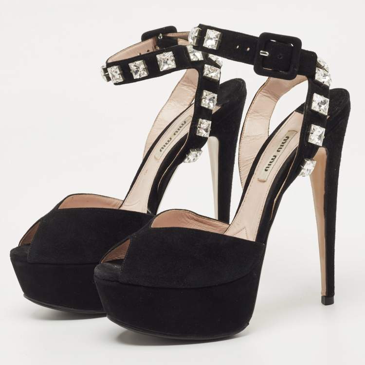 Pre Owned Miu Miu Black Suede Crystal Embellished Platform Ankle Strap Sandals Size 36