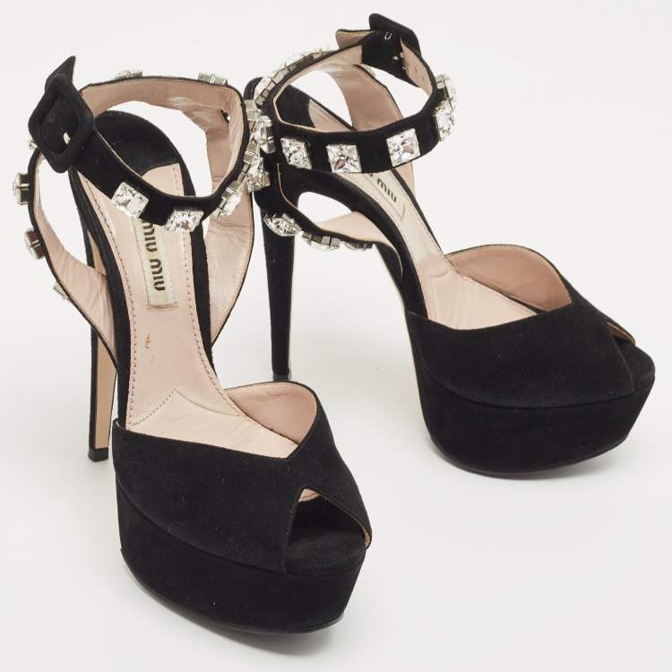 Pre Owned Miu Miu Black Suede Crystal Embellished Platform Ankle Strap Sandals Size 36