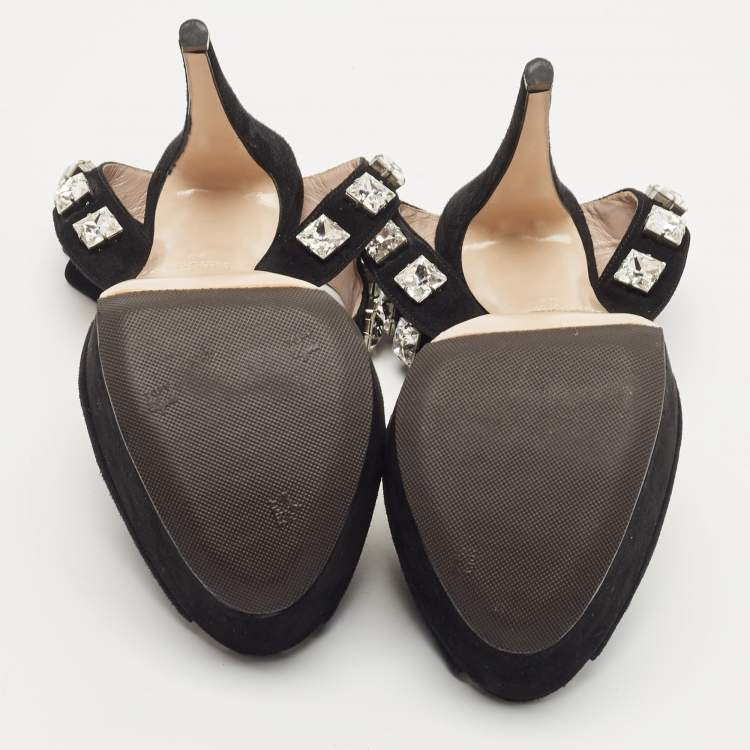 Pre Owned Miu Miu Black Suede Crystal Embellished Platform Ankle Strap Sandals Size 36
