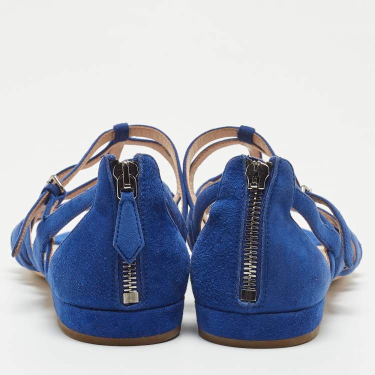 Pre Owned Miu Miu Blue Suede Buckle Detail Strappy Flat Sandals Size 39.5
