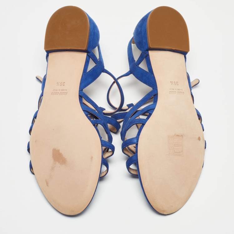 Pre Owned Miu Miu Blue Suede Buckle Detail Strappy Flat Sandals Size 39.5