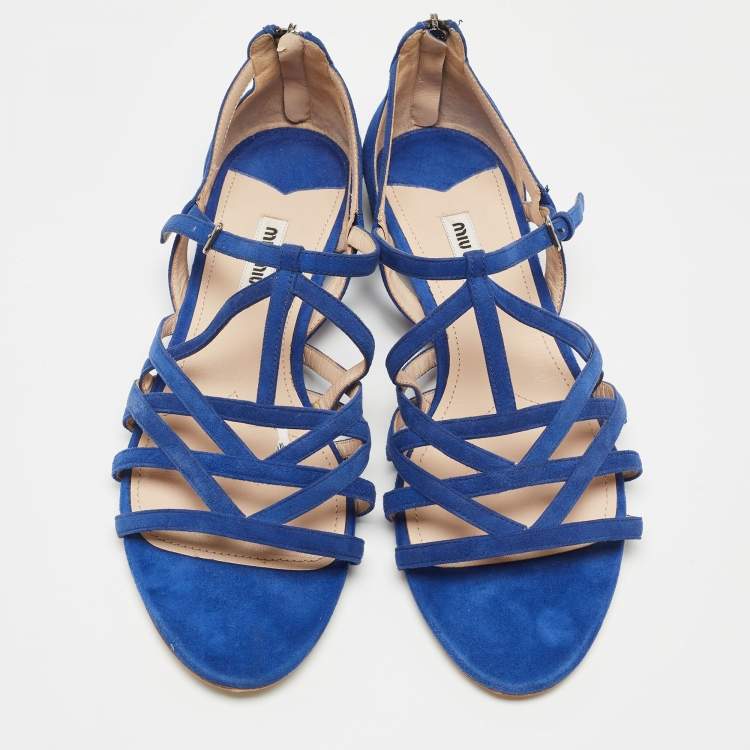 Pre Owned Miu Miu Blue Suede Buckle Detail Strappy Flat Sandals Size 39.5