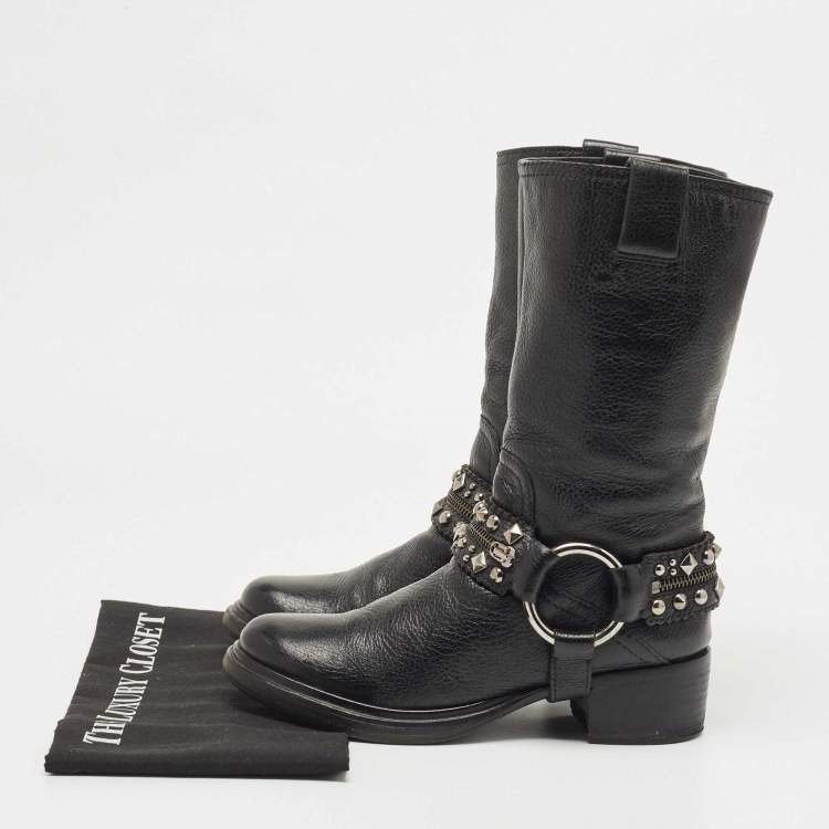 Pre Owned Miu Miu Black Leather Studded Accents Riding Mid Calf Boots Size 36.5