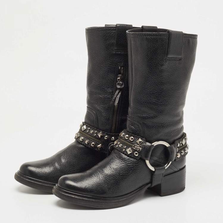 Pre Owned Miu Miu Black Leather Studded Accents Riding Mid Calf Boots Size 36.5