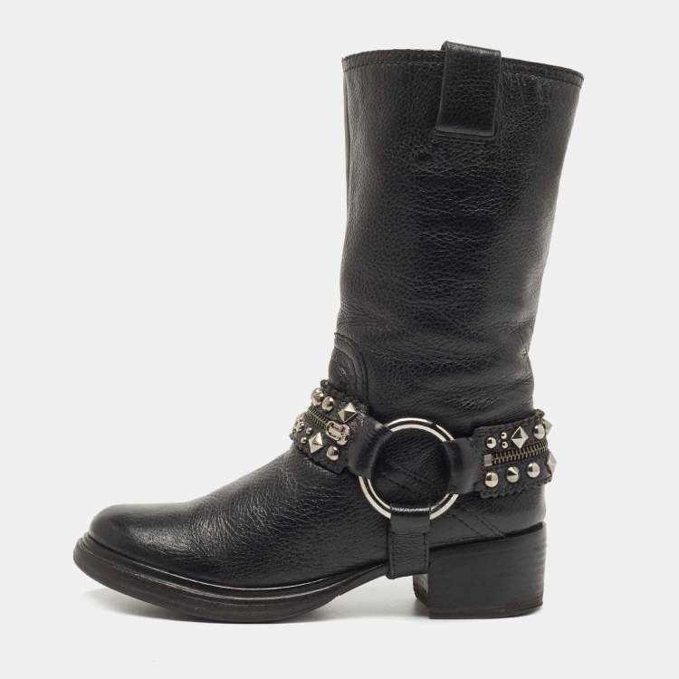 Pre Owned Miu Miu Black Leather Studded Accents Riding Mid Calf Boots Size 36.5