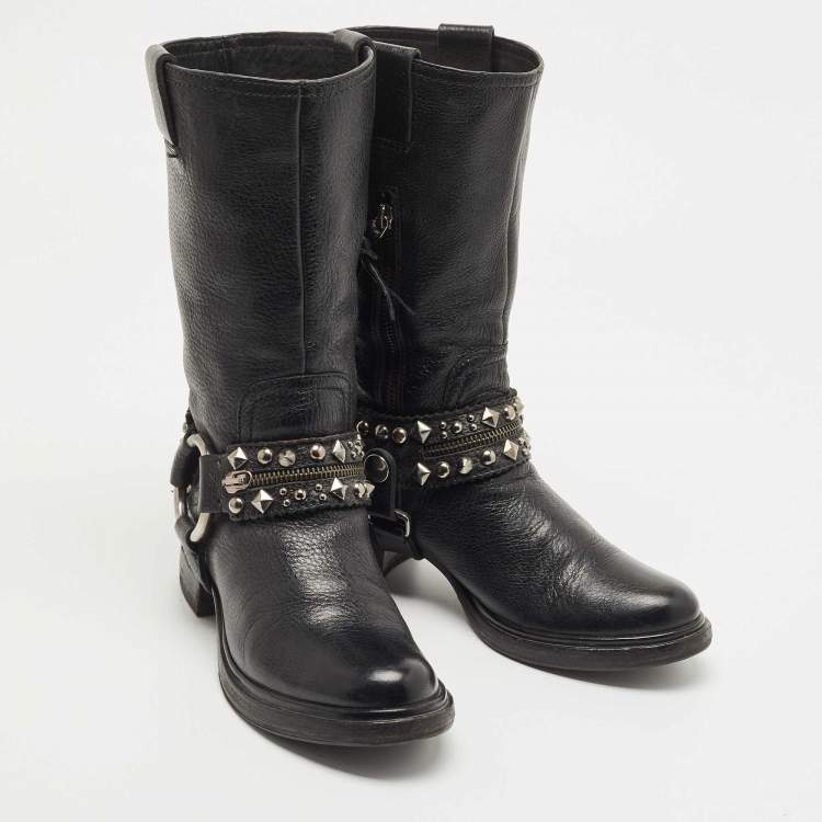 Pre Owned Miu Miu Black Leather Studded Accents Riding Mid Calf Boots Size 36.5