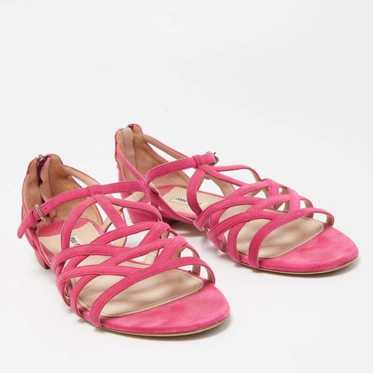 Pre Owned Miu Miu Pink Suede Strappy Flat Sandals Size 39.5